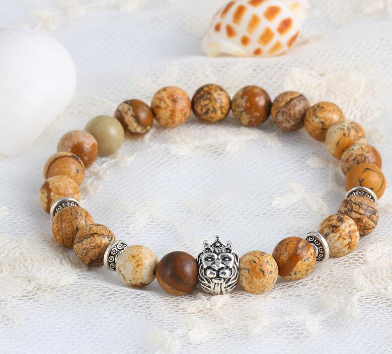 LION HEAD WITH CROWN NATURAL STONE BEADS STRETCH BRACELETS