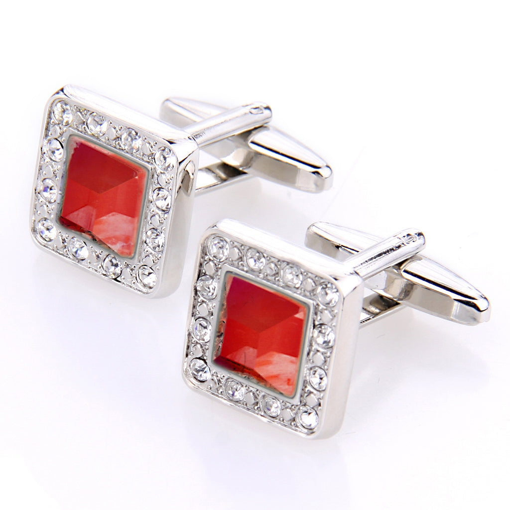 RED AND CLEAR CRYSTAL SILVER CUFFLINK