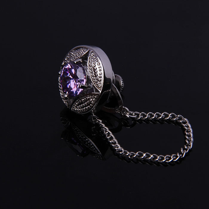 PURPLE CRYSTAL STONE LAPEL PINS WITH CHAIN